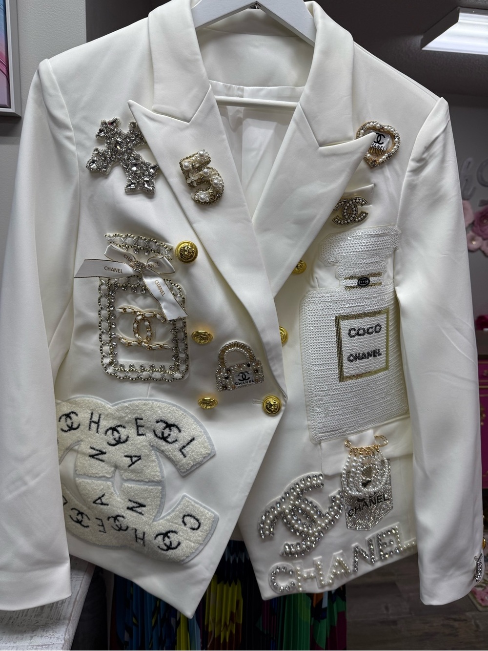 New Off White Embellished Double-Breasted Blazer Jacket with Gold Accents